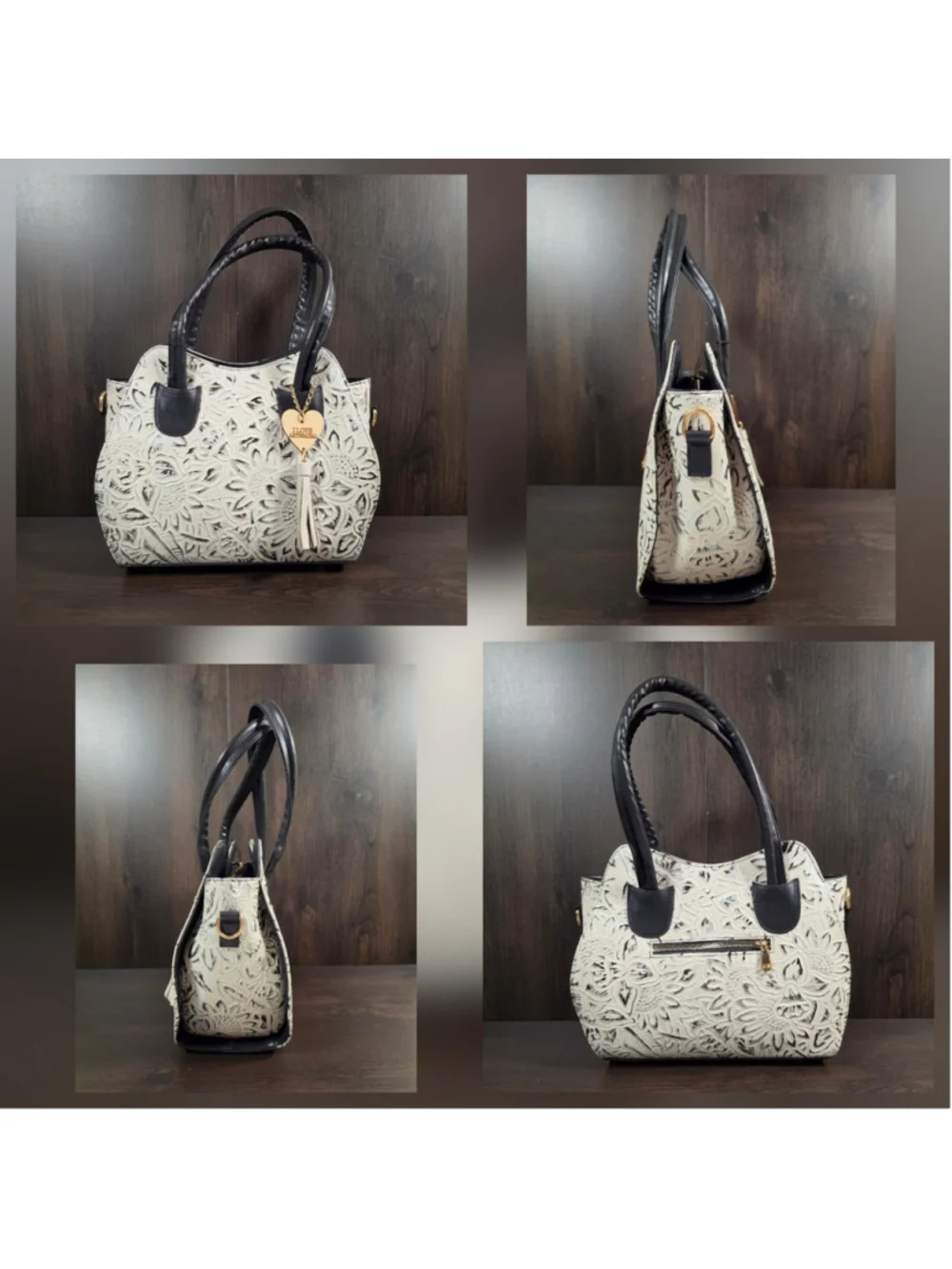 Black White Silver Embossed Tooled Artisan LEATHER Shoulder Bag Purse Crossbody